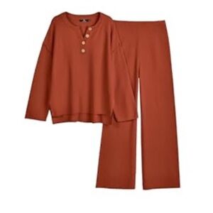 Rust Burnt Orange Sweater Lounge Set M Pants Button Long Sleeve Top New Cozy